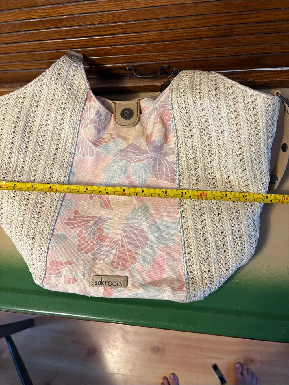Sakroots Beige Crochet Shoulder Bag with Pastel Floral Panel
